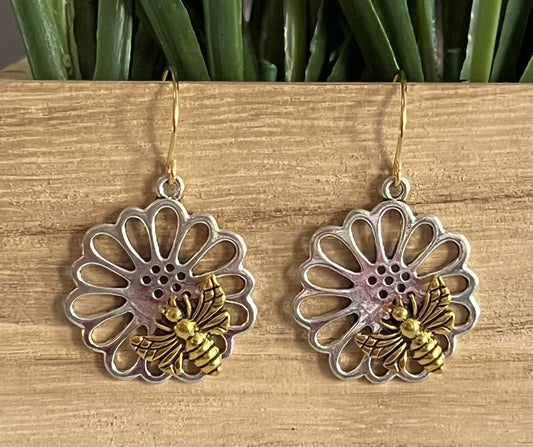 Women's Silver and Gold Bumble Bee Earrings, Dangle Earrings, Gift for Her