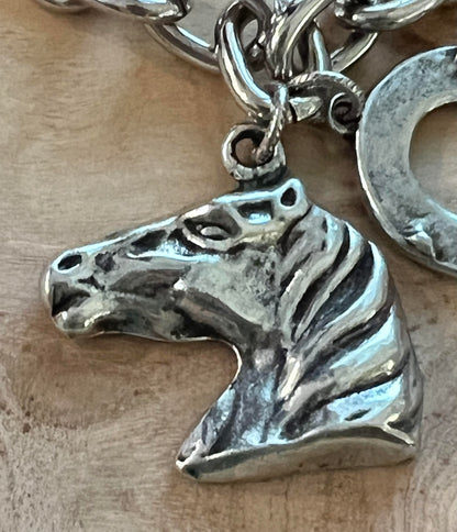 Women's Silver Western Bracelet with Horse and Horseshoe Charms, Gift for Her