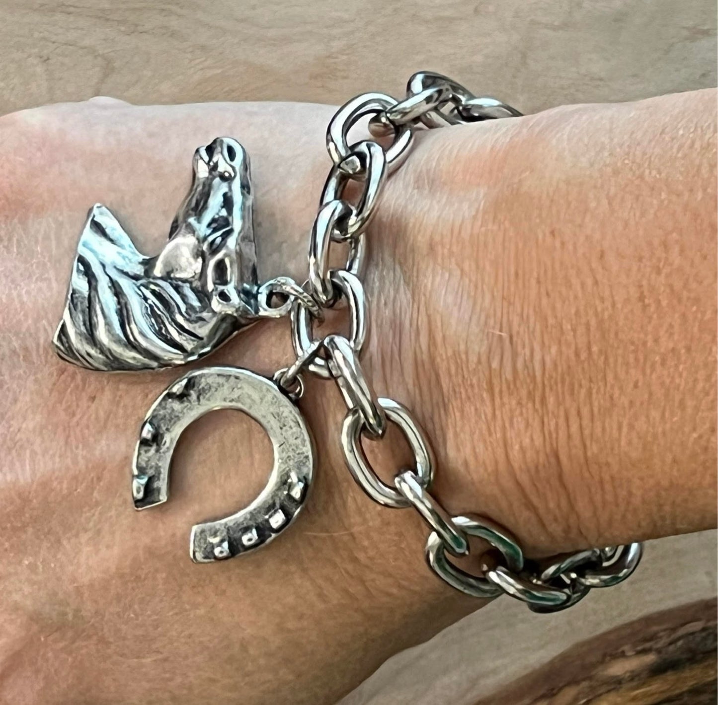 Women's Silver Western Bracelet with Horse and Horseshoe Charms, Gift for Her