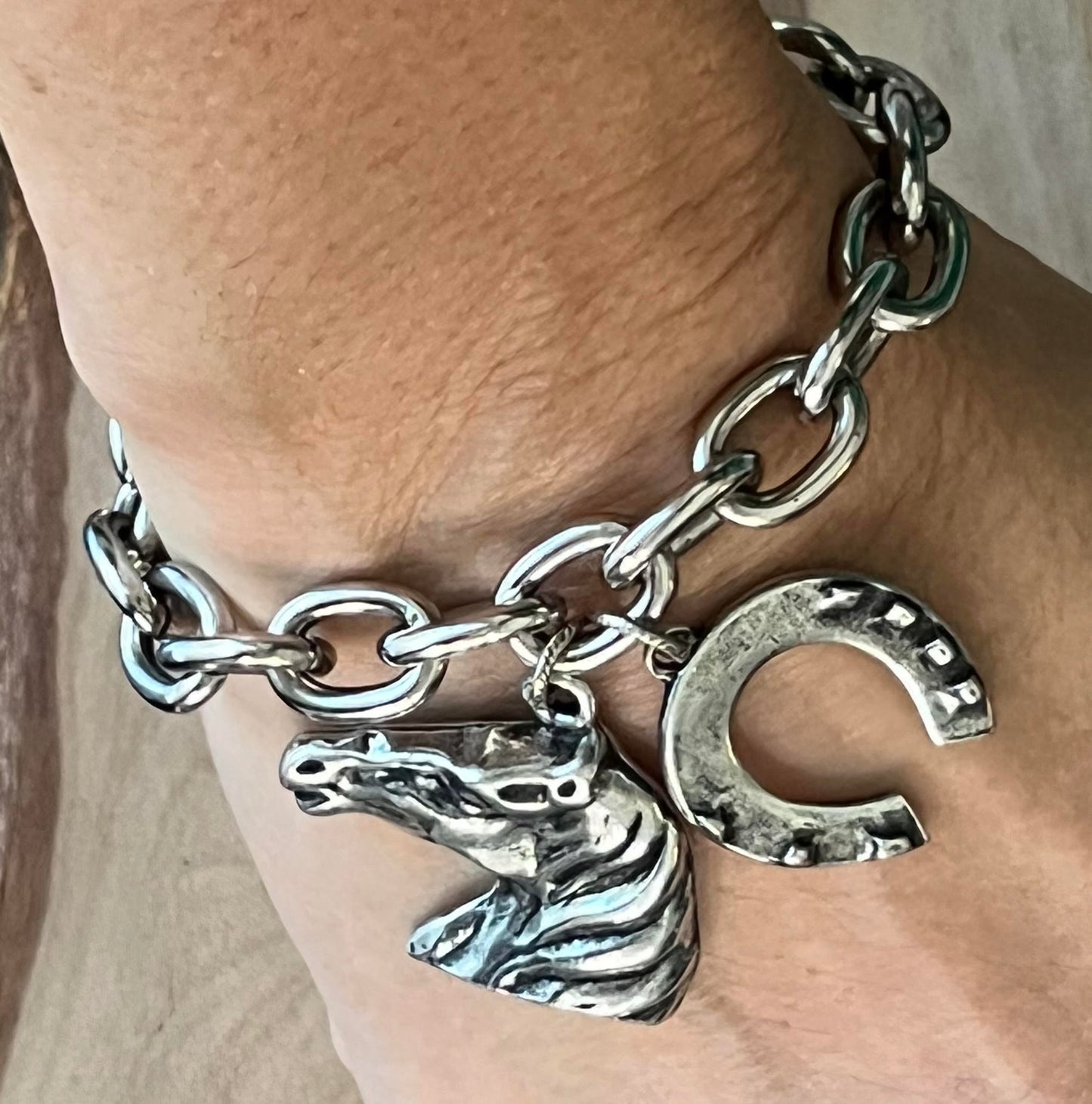 Women's Silver Western Bracelet with Horse and Horseshoe Charms, Gift for Her