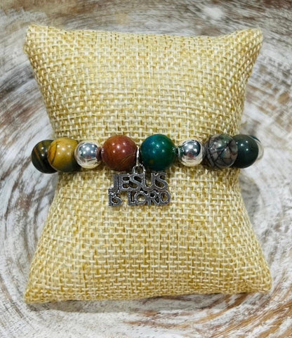 Women's Jesus Bracelet, Picasso Jasper Gemstone Beaded Jewelry, Green , Silver Charm,  Christian Gift, Baptism or Confirmation Gift