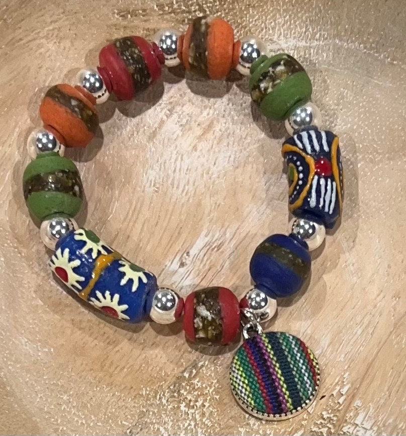 Women's African and Aztec Inspired Bracelet,  Handmade Women's Beaded Bracelet in Red, Green, Blue, Orange and Silver, Gift for Her