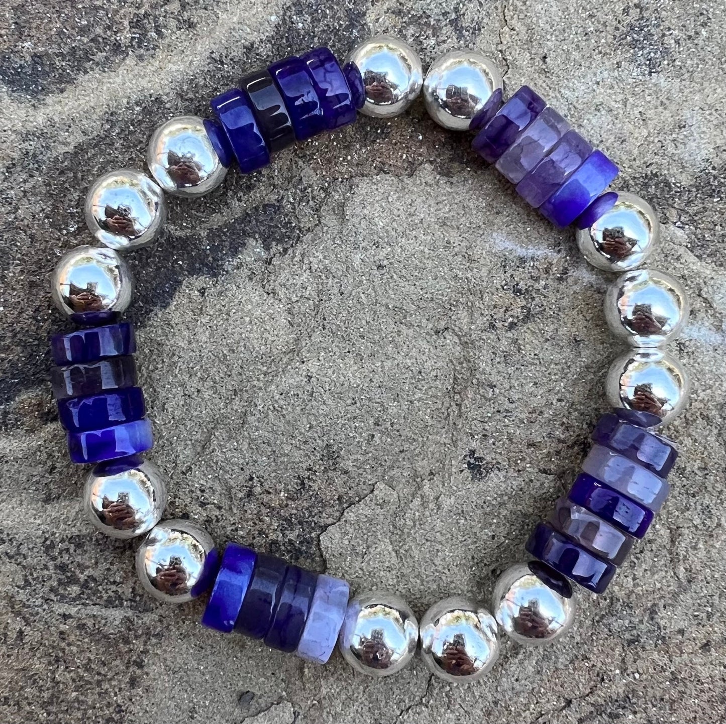 Women's Purple and Silver Beaded Bracelet, Agate Gemstone Bead Bracelet, Purple Jewelry, Silver Jewelry, Handmade Stretch Bracelet