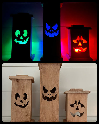 Set of Wooden Halloween Lanterns, Wood Jack O Lantern Decor, Porch or Yard Decor, Halloween LED Lights