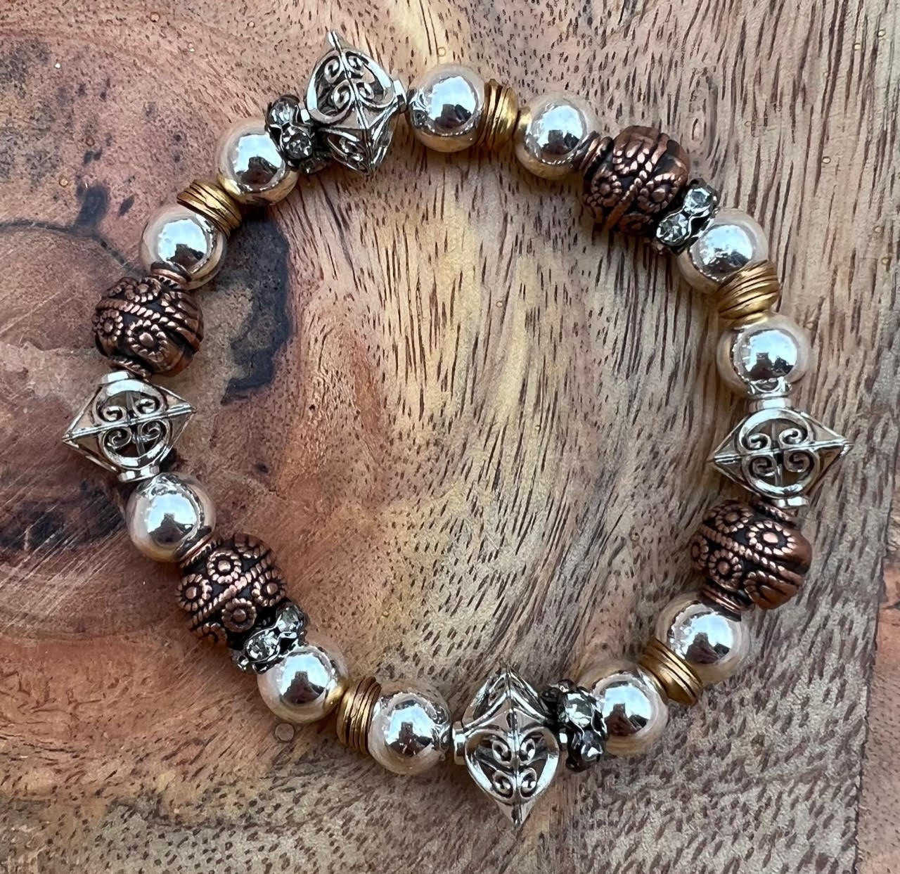 Mixed Metals Women's Beaded Bracelet Stack, Silver and Gold Bracelet, Bronze Ladies Bracelet, Tri-Toned Bracelet, Gift for Her