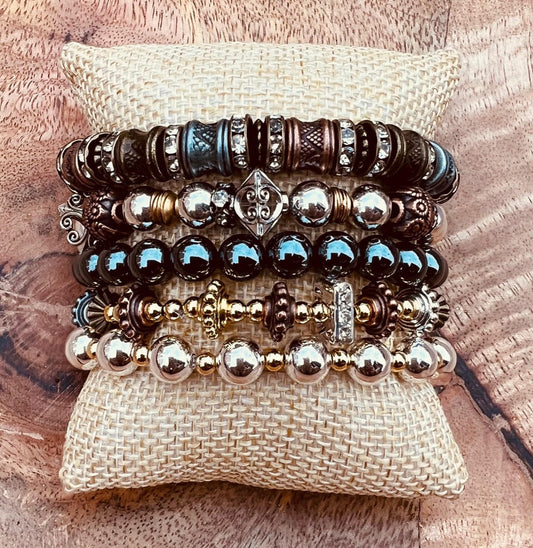 Mixed Metals Women's Beaded Bracelet Stack, Silver and Gold Bracelet, Bronze Ladies Bracelet, Tri-Toned Bracelet, Gift for Her