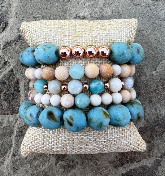 Women's Turquoise and Rose Gold Handmade Bracelet Stack, Gemstone and African Recycled Glass Beaded Bracelet, Women's Boho Bracelet