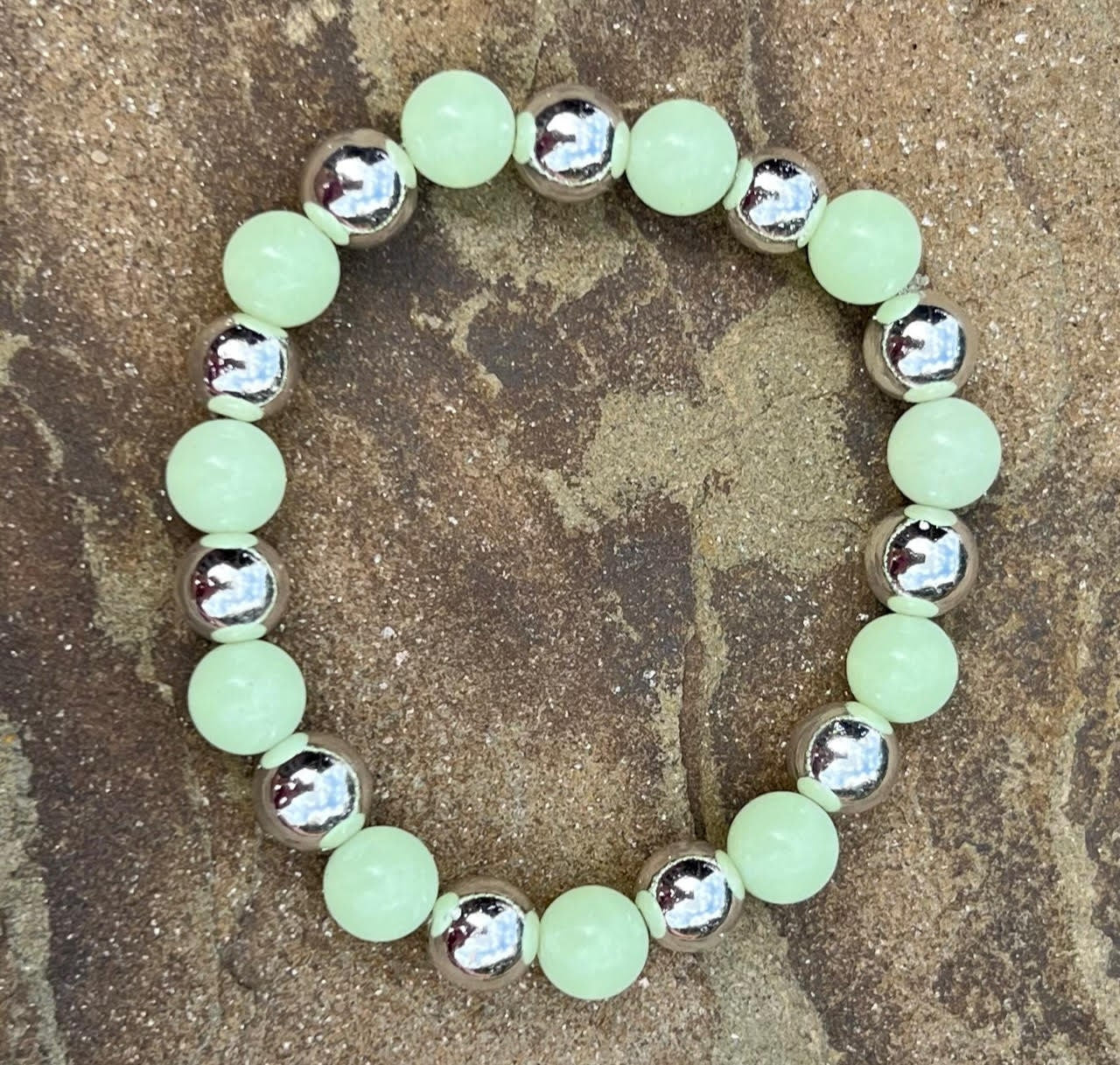 Women's Glow in the Dark Gemstone Beaded Bracelet,  Mexican Aragonite Stone, Silver and Neon, Gift for Her