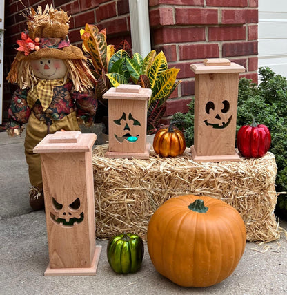 Set of Wooden Halloween Lanterns, Wood Jack O Lantern Decor, Porch or Yard Decor, Halloween LED Lights