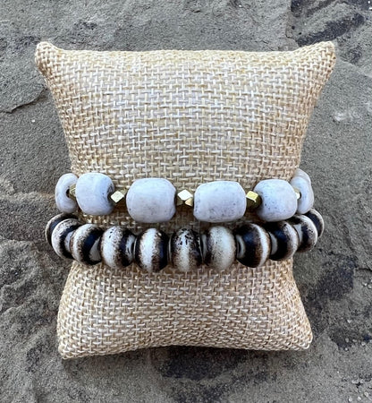 Women's Neutral Tone Beaded Bracelet Set, Off White, Brown and Gold Beads, Handmade Monotone Bracelet, African Artisan, Gift for Her