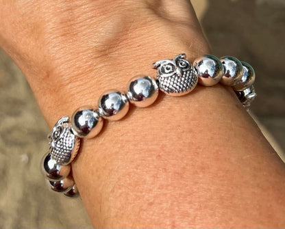 Women's Silver Beaded Owl Bracelet,  Boutique Jewelry, Owl Collector, Gift for her