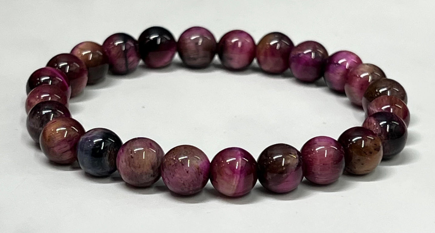 Unisex Pink, Purple, Brown Multicolored Tiger Eye Gemstone Beaded Bracelet, Women's, Men's,  Jewel Tones, Dark Color, Gift for Her or Him