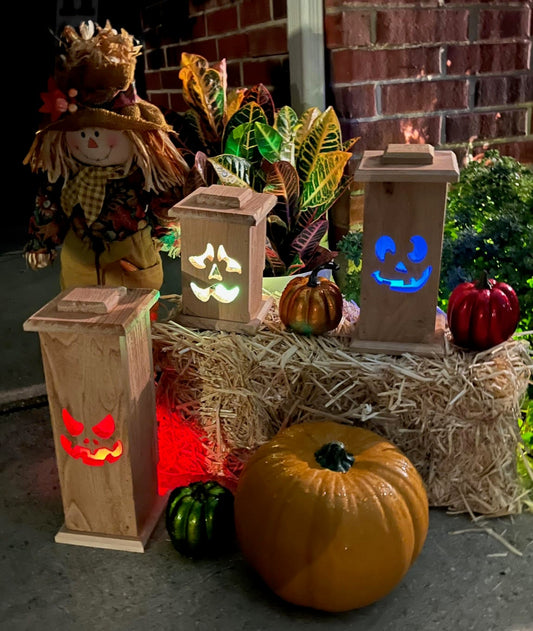 Set of Wooden Halloween Lanterns, Wood Jack O Lantern Decor, Porch or Yard Decor, Halloween LED Lights