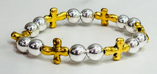 Women's Gold Hammered Metal Cross and Silver Beaded Bracelet,  Mixed Metal Boutique Bracelet, Bead Bracelet, Baptism or Confirmation Gift