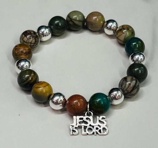 Women's Jesus Bracelet, Picasso Jasper Gemstone Beaded Jewelry, Green , Silver Charm,  Christian Gift, Baptism or Confirmation Gift