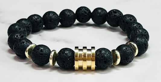 Men's Black Lava Gemstone and Gold Beaded Bracelet, Unisex Bead Jewelry, Gifts for Him