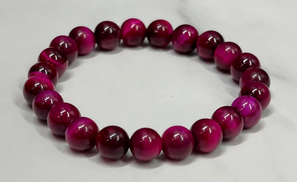 Fuschia, Magenta or Hot Pink Tiger Eye Gemstone Bead Bracelet, Unisex, Women's, Men's, Stretch Bracelet, Stackable