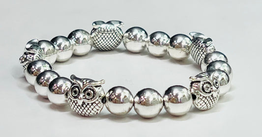 Women's Silver Beaded Owl Bracelet,  Boutique Jewelry, Owl Collector, Gift for her