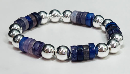 Women's Purple and Silver Beaded Bracelet, Agate Gemstone Bead Bracelet, Purple Jewelry, Silver Jewelry, Handmade Stretch Bracelet