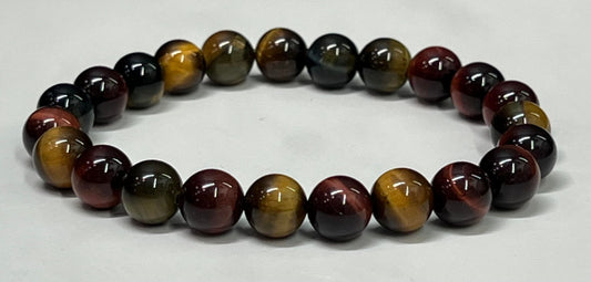 Unisex Natural Tri-Color Tiger Eye Gemstone Bead Bracelet,  Men's, Women's, Green, Rust Brown, Gold, Jewel Tones, Gift Idea for Him or Her