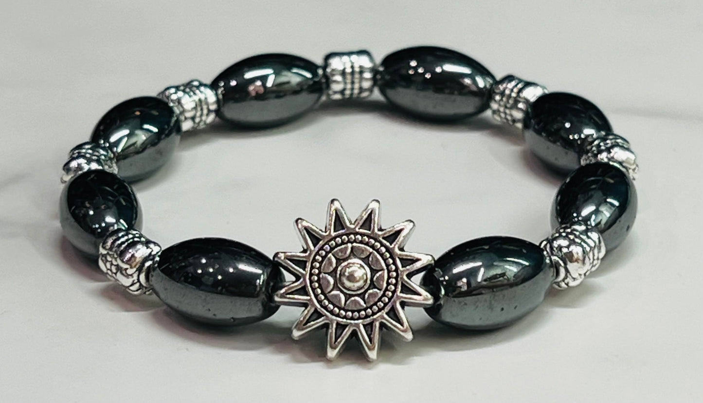 Men's or Unisex Charcoal Gray Hematite and Silver Sun Beaded Bracelet, Black Bead Jewelry, Celestial, Gift for Him or Her