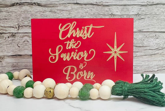 Christ the Savior is Born Handmade Wooden Sign, Engraved Christmas Decor, Faith Holiday Sayings, Red Decor, Traditional Shelf Sitter, Gift