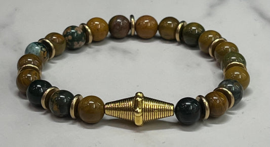 Men's Ocean Jasper Gemstone Beaded Stretch Bracelet, Unisex, Women's Bead Jewelry, Gift Idea, Teal, Mustard Yellow, Gold, Gift for Him