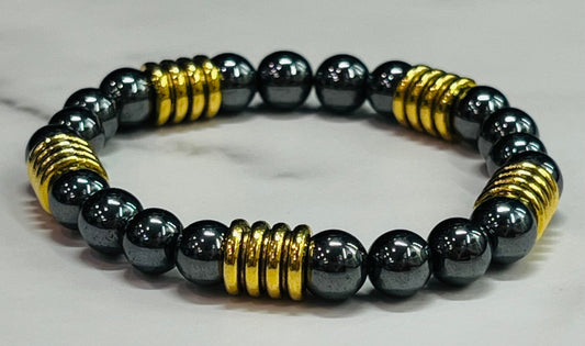 Men's Hematite Black and Gold Beaded Bracelet, Gifts for Him