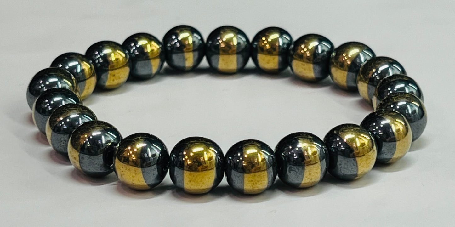 Gold and Black Hematite Gemstone Bead Bracelet, Men's, Women's, Unisex Beaded Jewelry, Two Toned, Gift Idea for Him or Her