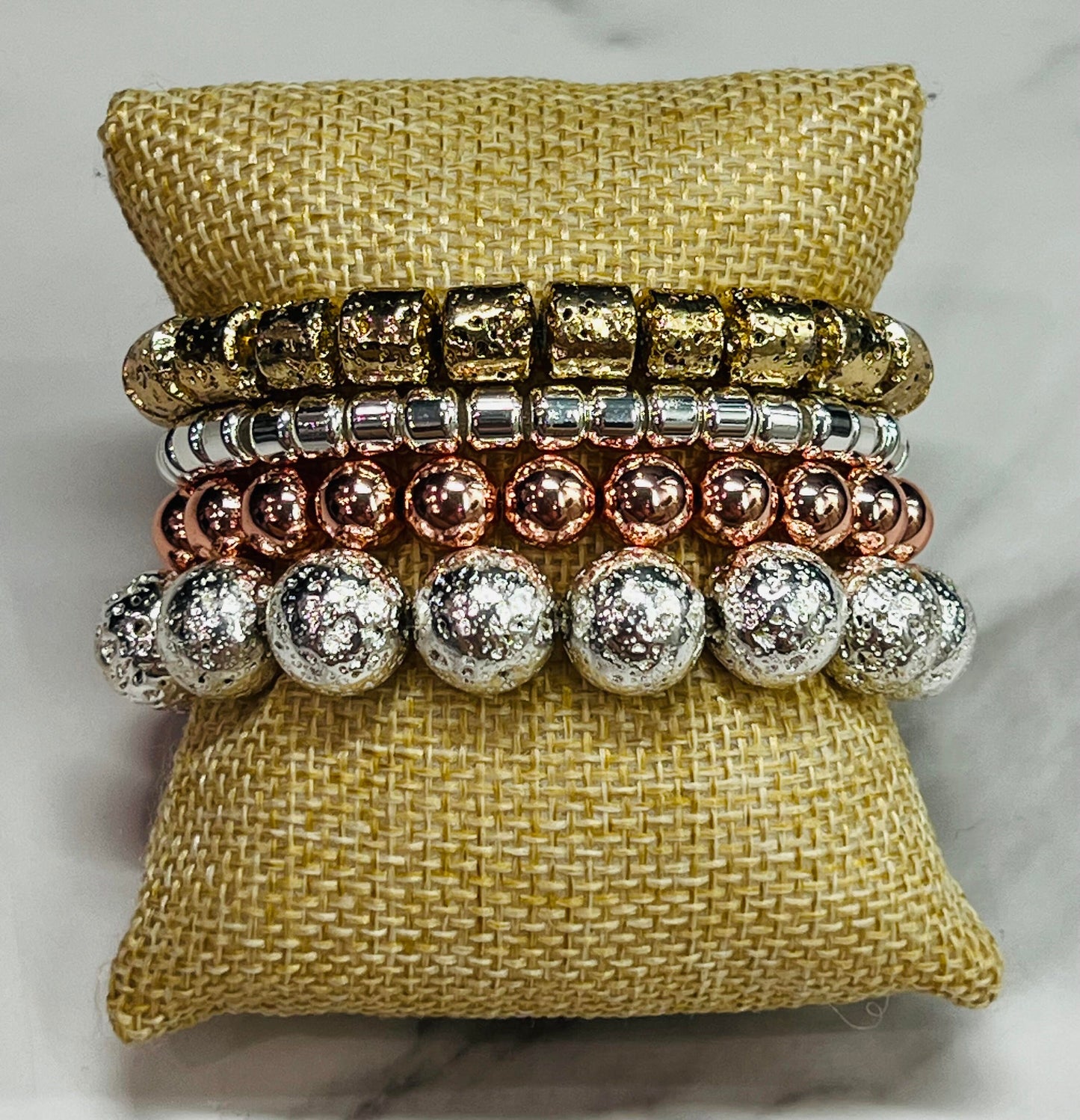 Women's Silver, Gold and Rose Gold Bracelet Stack, Tri Toned Bead Set, Mixed Metals Bracelet, Gift Idea, Boutique, Hematite Beaded