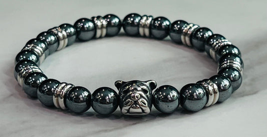 Men's Bulldog Hematite and Stainless Steel Beaded Bracelet, Black, Dark Gray, Silver Bead Jewelry, Dog Gifts for Men, Unisex