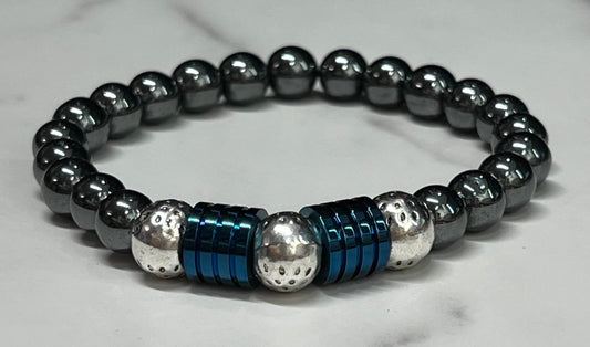 Men's Black, Blue and Silver Beaded Bracelet, Handmade Stretch Bracelet, Hematite, Stainless Steel, Gift Idea, Unisex Bead Bracelet