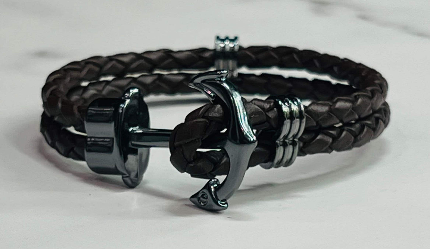 Men's Brown Leather Anchor Bracelet, Gunmetal Grey, Black, Men's Nautical Jewelry, Gift for Him