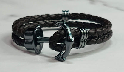 Men's Brown Leather Anchor Bracelet, Gunmetal Grey, Black, Men's Nautical Jewelry, Gift for Him