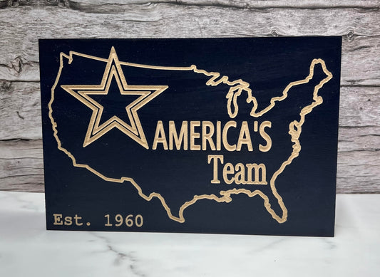 Dallas Cowboys America's Team Handmade Wooden Sign,  Engraved Wood Decor, Navy Blue Football Decor, Shelf Sitter, Cowboys Star, Gift Idea