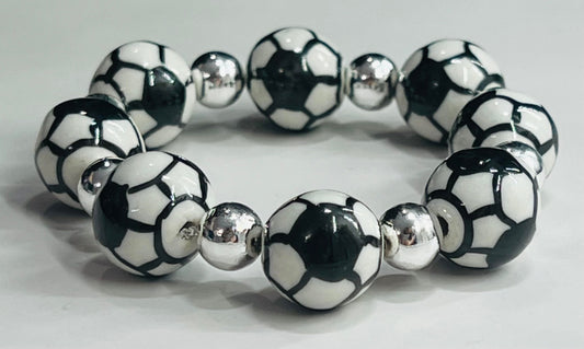 Women's Soccer Ball Bracelet, White, Black and Silver Handmade Bracelet for Soccer Mom or Player, Gift