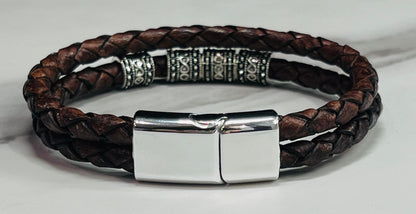 Men's Leather and Silver Infinity Symbol Bead Bracelet, Braided Brown Leather, Men's Jewelry, Gift Idea