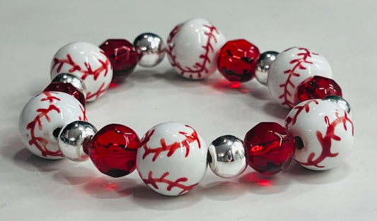 Women's Baseball Bracelet, White, Red and Silver Handmade Bracelet for Baseball Mom or Player