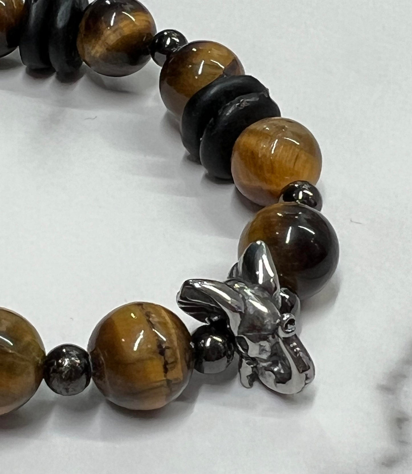 Men's Brown Tiger Eye Gemstone Bracelet with Elephant, Handmade Bracelet with Hematite and Black Glass Beads, African Artisan Beads