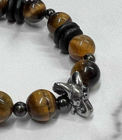 Men's Brown Tiger Eye Gemstone Bracelet with Elephant, Handmade Bracelet with Hematite and Black Glass Beads, African Artisan Beads