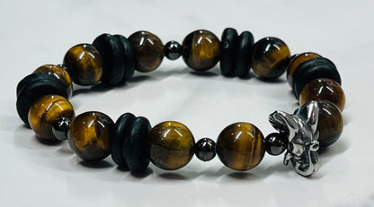 Men's Brown Tiger Eye Gemstone Bracelet with Elephant, Handmade Bracelet with Hematite and Black Glass Beads, African Artisan Beads