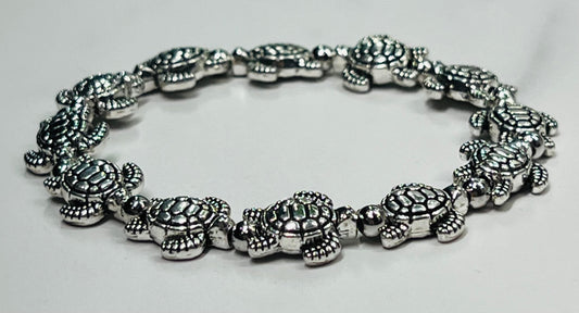 Women's Silver Beaded Turtle Bracelet, Ladies Silver Bead Bracelet, Boutique Jewelry, Turtle Collector Gift