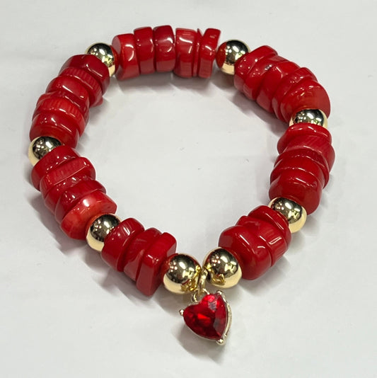 Women's Red and Gold Beaded Handmade Bracelet, Heart Charm Bracelet,  Rhinestone, Gift for Her