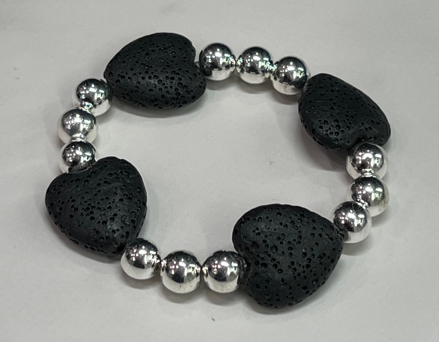 Women's Black and Silver Heart Bracelet, Black Lava Beaded Jewelry, Gift for Her