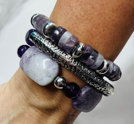 Women's Purple Amethyst Gemstone Bead Bracelet Stack, Handmade Purple and Silver Bracelet Set,  Boutique Jewelry