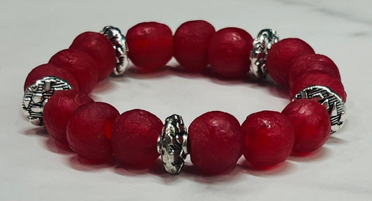 Women's Red and Silver Bracelet, African Recycled Glass, Boho Style Stretch Bracelet, Beaded Bracelet