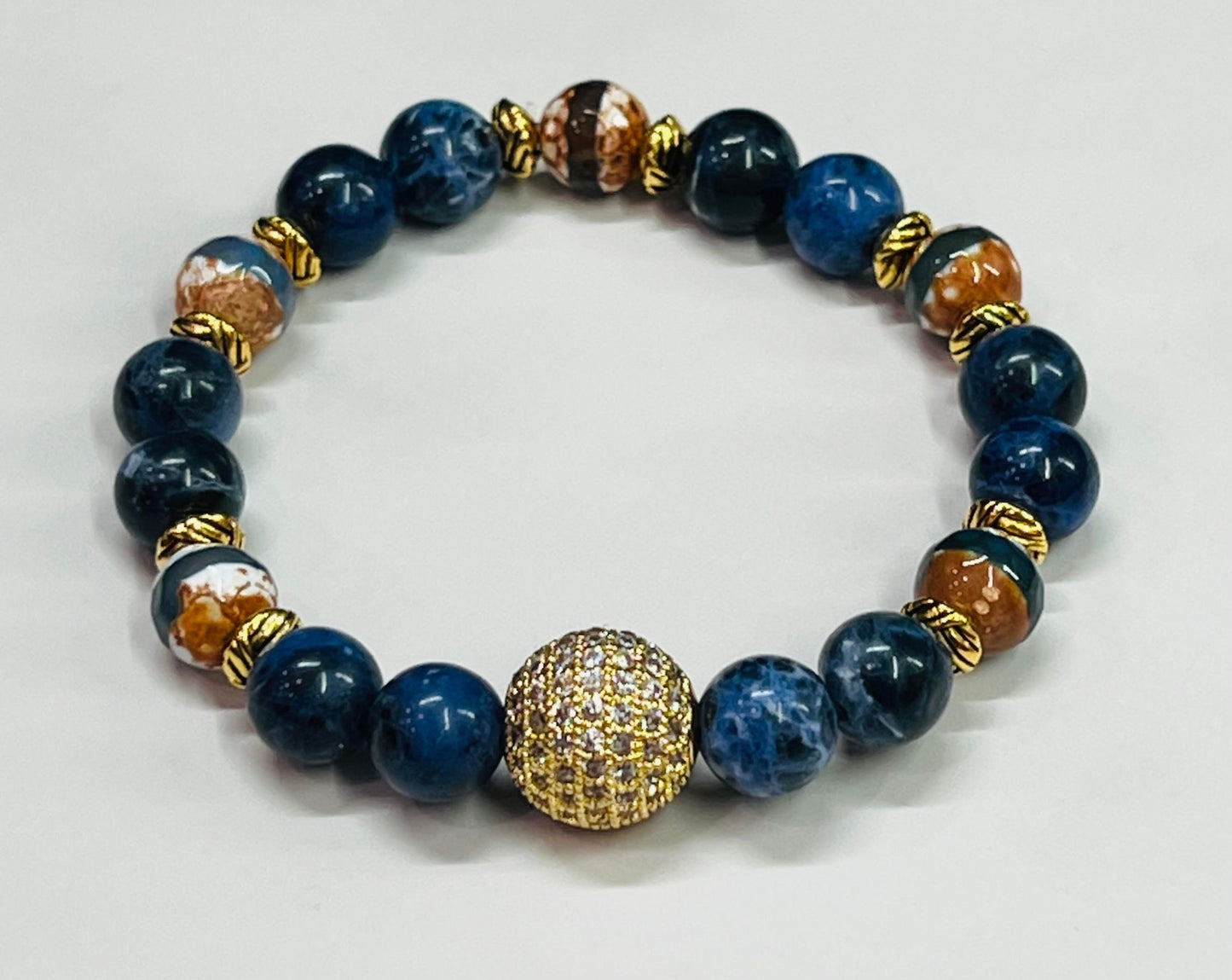 Women's Blue Sodalite Gemstone Bracelet,  Tibetan Agate and Pave Crystal Handmade Bracelet, Boutique Beaded Jewelry, Blue, Brown, Gold, Gift