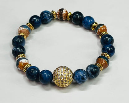 Women's Blue Sodalite Gemstone Bracelet,  Tibetan Agate and Pave Crystal Handmade Bracelet, Boutique Beaded Jewelry, Blue, Brown, Gold, Gift