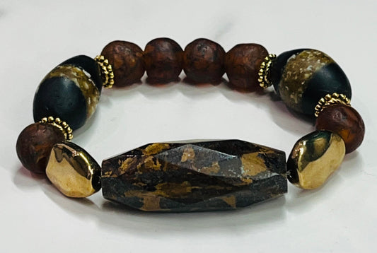 Women's Brown, Black and Gold Gemstone and African Glass Bracelet, Neutral or Natural Tones, Boutique Bracelet