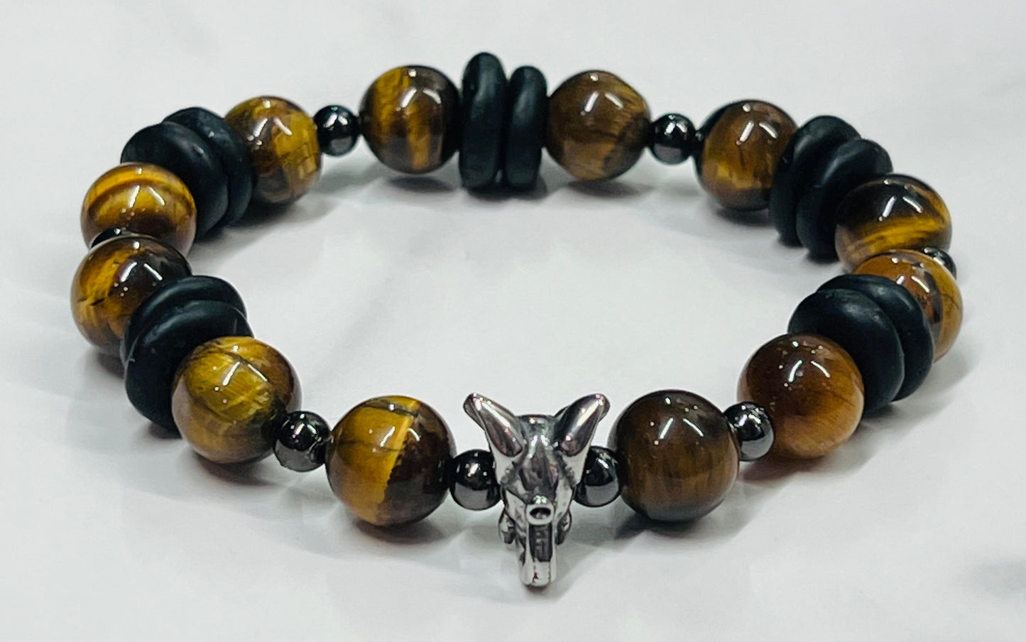 Men's Brown Tiger Eye Gemstone Bracelet with Elephant, Handmade Bracelet with Hematite and Black Glass Beads, African Artisan Beads